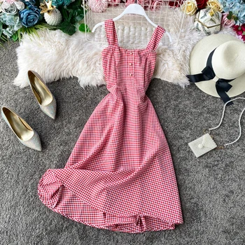

2020 Slim sexy Plaid Print Button Dress summer short spaghetti strap dress vestido de festa Party Women beach a-line Dresses