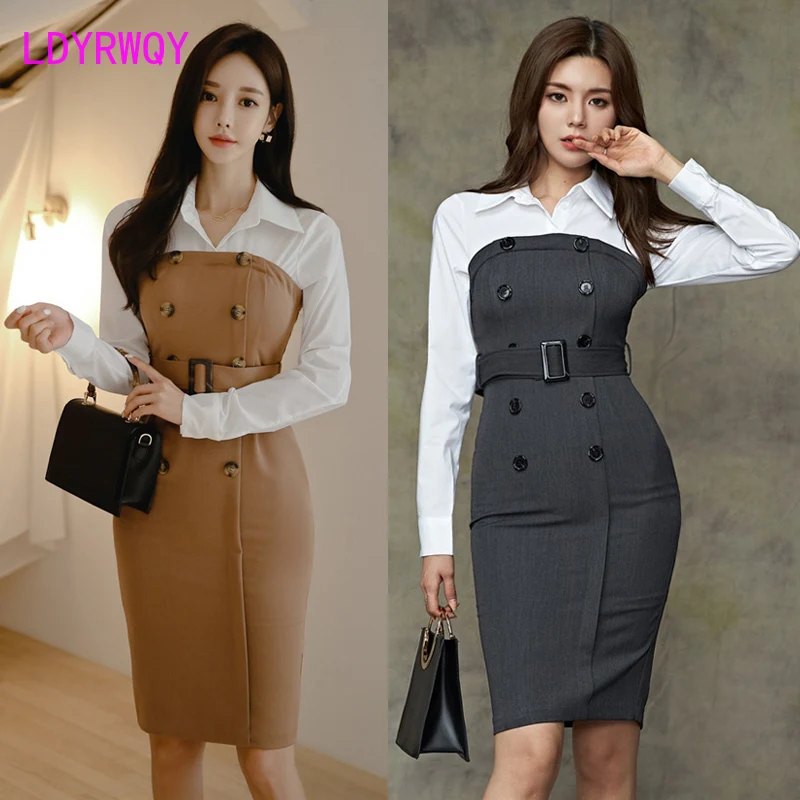 

2019 winter new base hit color temperament waist professional sexy Korean version of the ladies dress