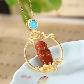 

S925 pure silver gold-plated South Red Agate Turquoise personality Xiangyun high grade Prince Buddha lady set chain