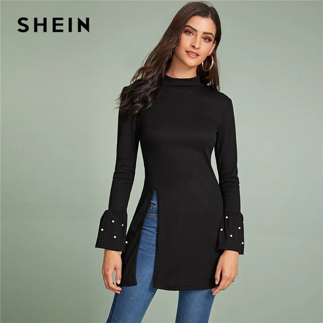 US $13.00 SHEIN Black Beaded Flounce Sleeve Side Slit Tee Women Spring Autumn Long Sleeve Stand Collar Solid 