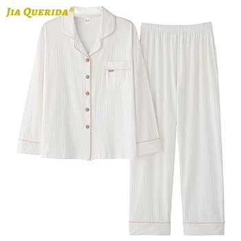 

Ladies Solid Woman Pj Set Spring Autumn Long Sleeve Long Pants Sleepwear Fashion Style Pajamas Set Pjs Woman White Front Pocket