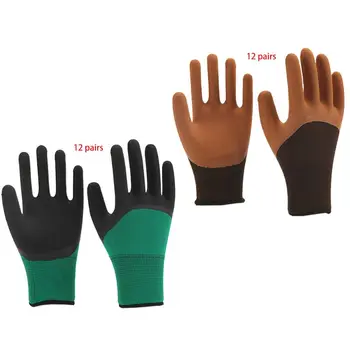 

12 Pairs Breathable Construction Site Safety Work Gloves Textured Rubber Latex Coated Non-Slip Wear-Resistant Protective
