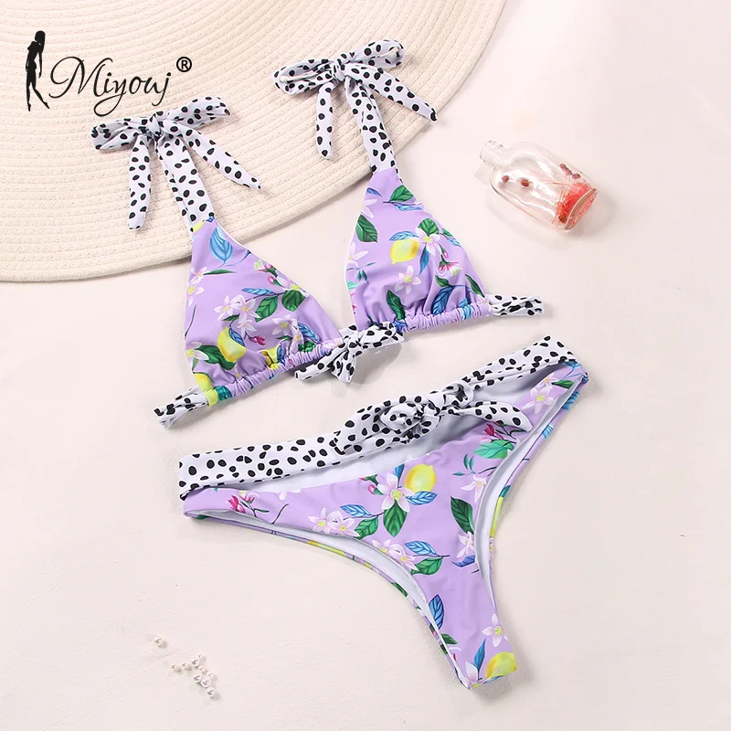 Miyouj Deep V Neck Bikini Floral Print Swimsuit Biquinis Feminino NEW Bow Swimwear Lace Up Bikini Set Bathing Suit Women Bikins blue bikini set