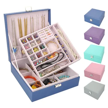 

Dual-Layer Jewelry Storage Box Large Flannel Square Jewelry Box Simple Layout Makeup Organizer Choker Ring Necklace Storage Case