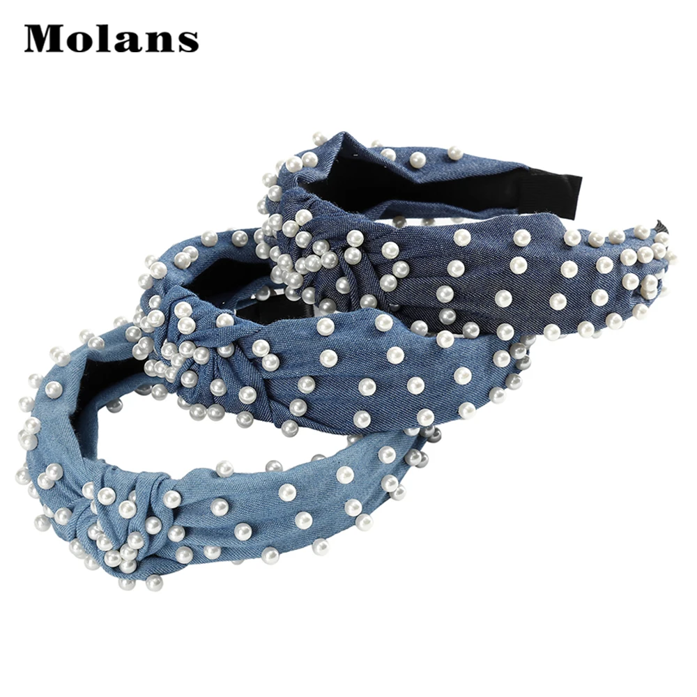Лента для волос с имитацией жемчуга Molans Denim синяя прочная тканевая повязка на