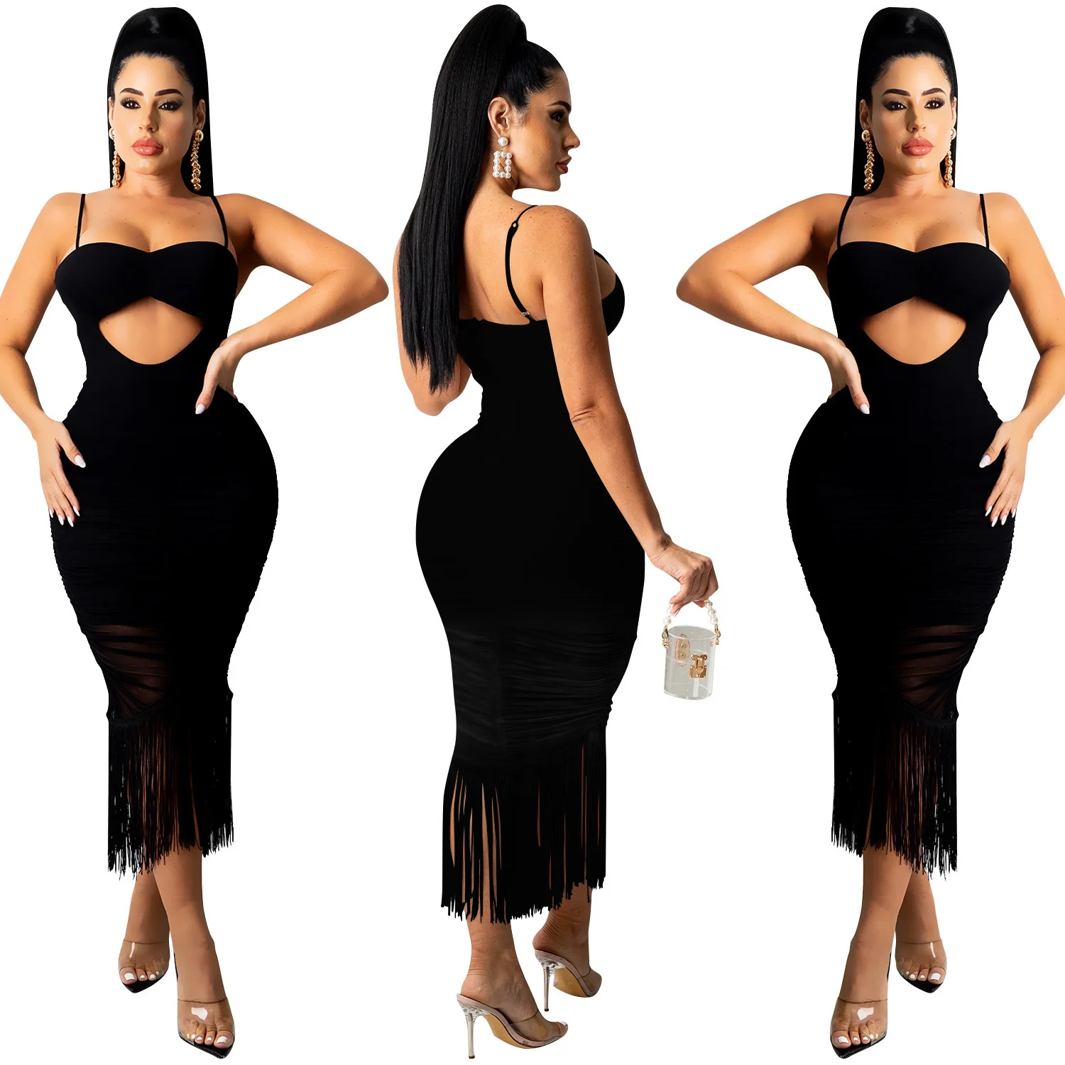 Cutubly Hollow Out Tassel Midi Dresses Solid Party Dresses For Women Casual Sexy Summer Fashion Spaghetti Straps Club Dress