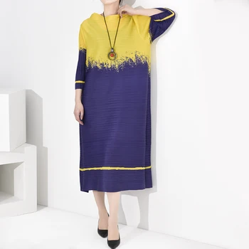 

LANMREM 2020 New Summer Full Sleeves Batwing Styles Pullover Contrast Colors Pullover Loose Dress Female Vestido WJ11607