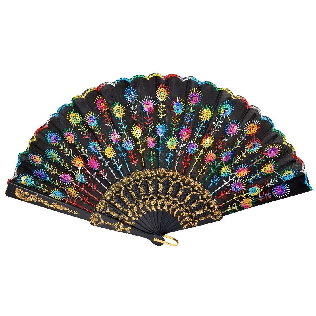 

Hot Sale SODIAL(R) Colored Embroidered Flower Pattern Black Cloth Folding Hand Fan for Woman