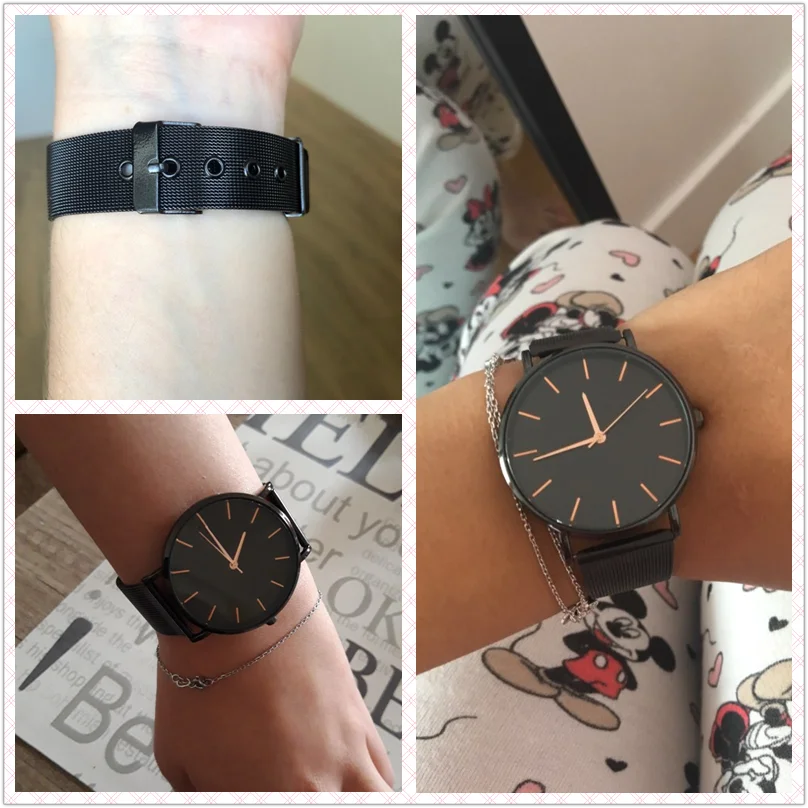 Montre Femme, современная мода, Reloj Mujer, черные кварцевые часы для женщин, сетчатый Браслет из нержавеющей стали, повседневные наручные часы для женщин