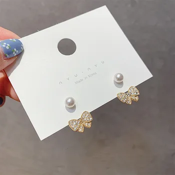 

Elegant Diamond Set Bow Ear Stud INS Sweet Versatile Pearl Earring Ear Stud