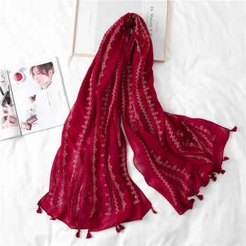 

Solid Women Cotton Scarf Warm Pashmina Design Embroidery Lady Shawls Wraps Hijab Foulard Winter Scarves Female Bufanda 2020