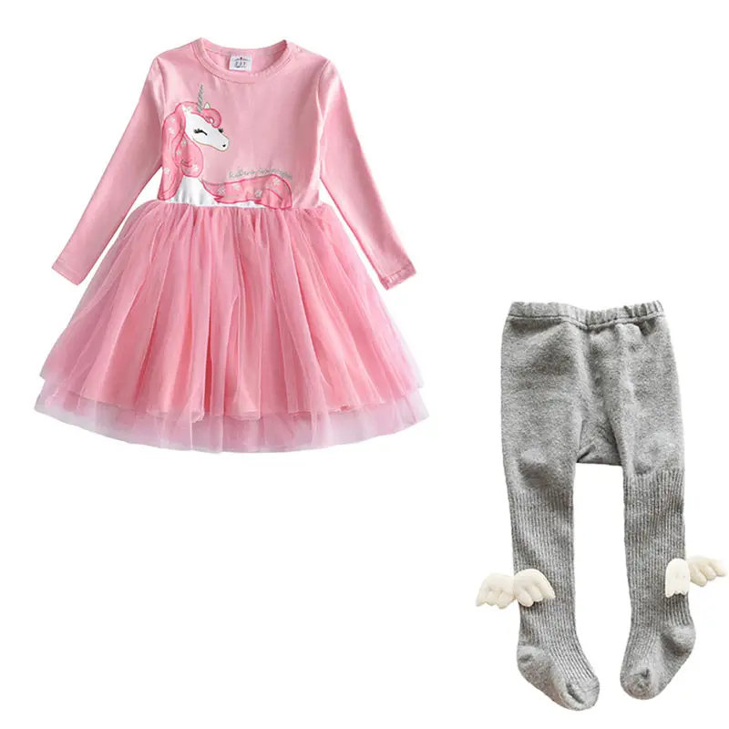 VIKITA/одежда для малышей с рисунком единорога; платье с длинными рукавами+ леггинсы с крыльями; колготки; костюм для девочек; комплекты одежды на осень и зиму - Цвет: LH4570-FYS01