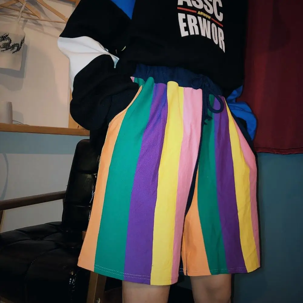 

Leisure men's and women's summer SHORT of 2019 original high waist Rainbow Striped tight waist straight SHORTS
