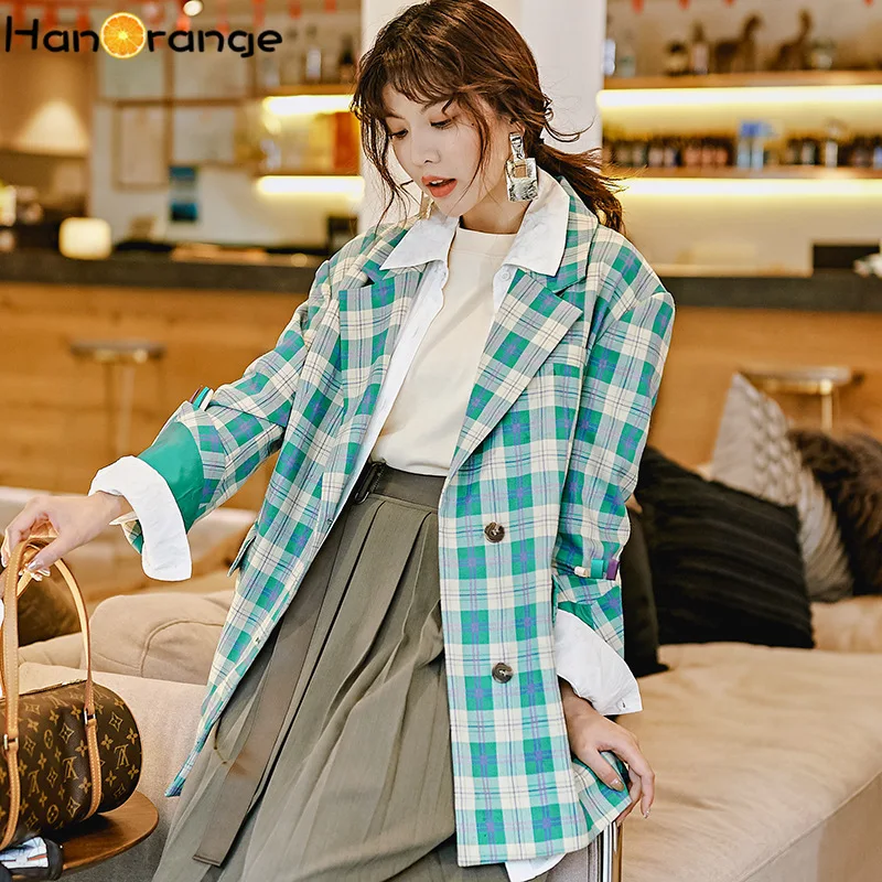 Autumn Ladies OL Long Belt Coat Coat Fruit Green Plaid Long Blazer Elegant Women Outwear