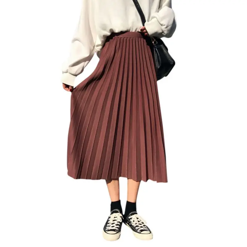 Женская юбка с высокой талией плиссированная весенне-осенняя модная однотонная эластичная юбка средней длины женские черно-белые юбки