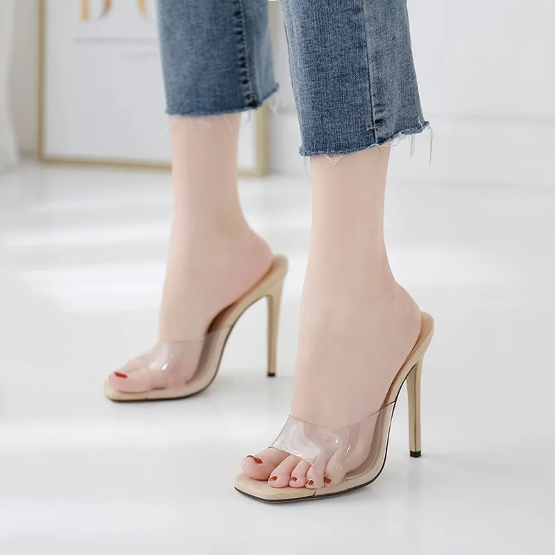 

Transparent Slippers Shoes Without Heel Slides Women Heels Peep Toe Flat Summer Sliders High 2019 Thin PVC Rome Basic PU Rubber