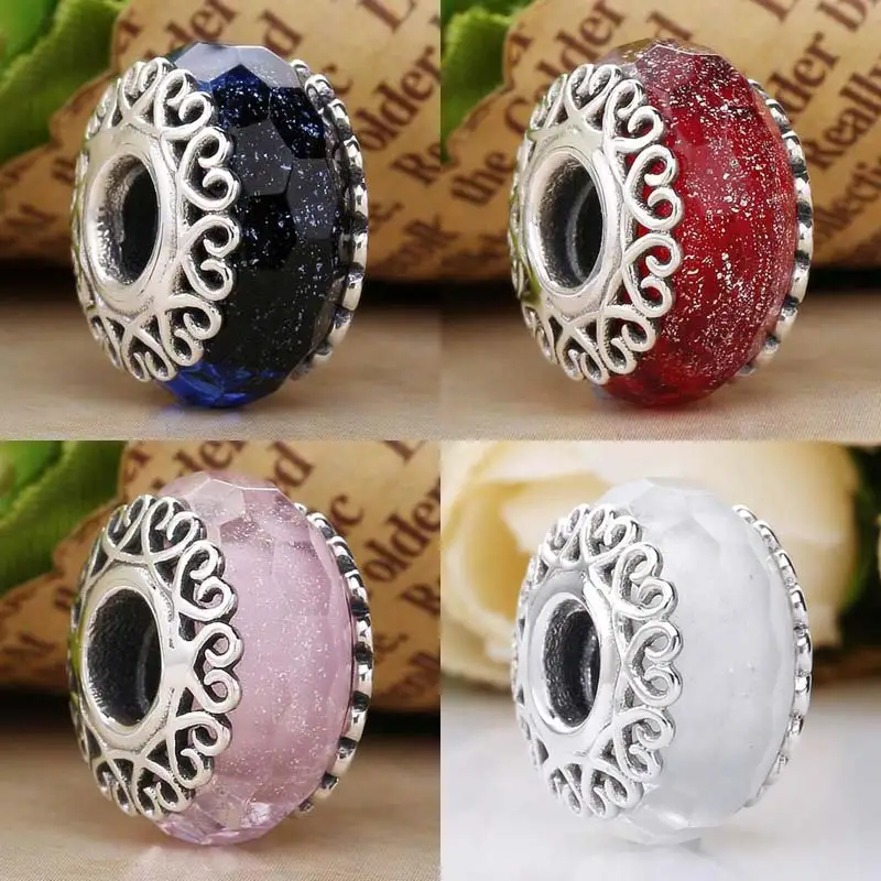 

Original Colorful Teal Faceted Murano Glass With Heart Lace Beads Fit 925 Sterling Silver Charm Bracelet DIY Jewelry