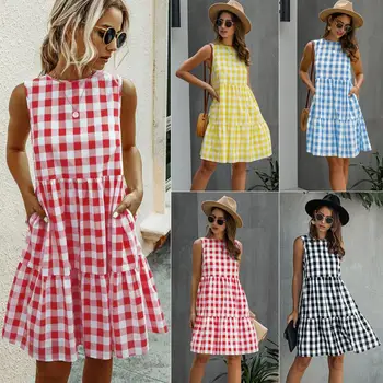 

Summer women's sleeveless o-neck loose size miniskirt 2020 new casual Plaid Shirt avant-garde miniskirt fashionable Plaid Dress