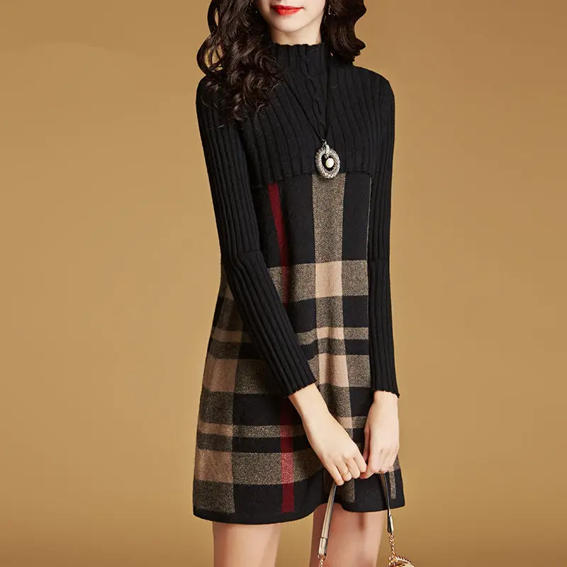 

Korean-style WOMEN'S Wear Stand Collar Elegant Knit Plaid Long Sleeve Joint A- line Skirt 2019 Autumn And Winter New Style Base