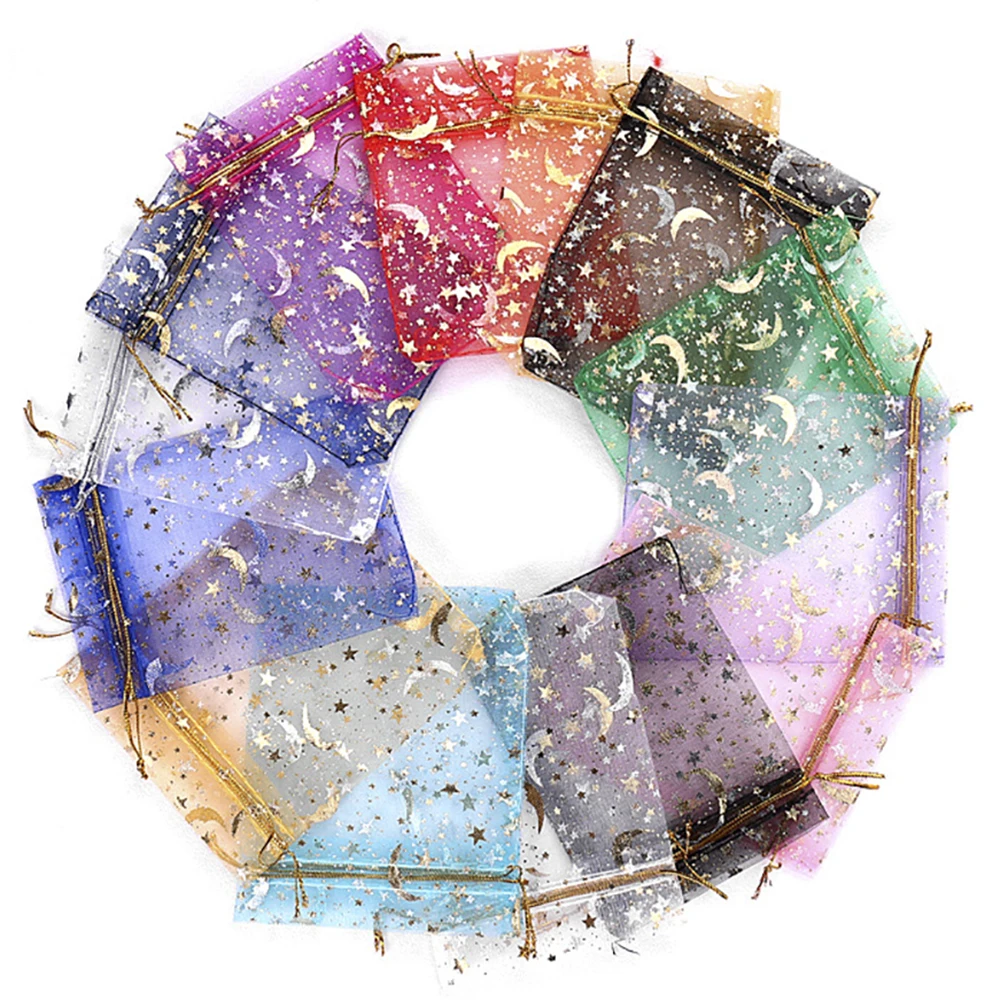 50pcs/lot Drawstring Pouch Bags for Jewelry Organza Pouch Gold Color Moon Star Transparent Mesh Wedding Gifts Package Wholesale 100pcs lot organza bags for jewelry beads bracelet jewelry findings packaging mesh bags gift storage wedding drawstring pouches