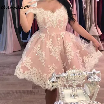 

2020 New Listing Homecoming Dress Short V-neck Tulle And Lace Homecoming Dresses Off The Shoulder Short Party Gowns