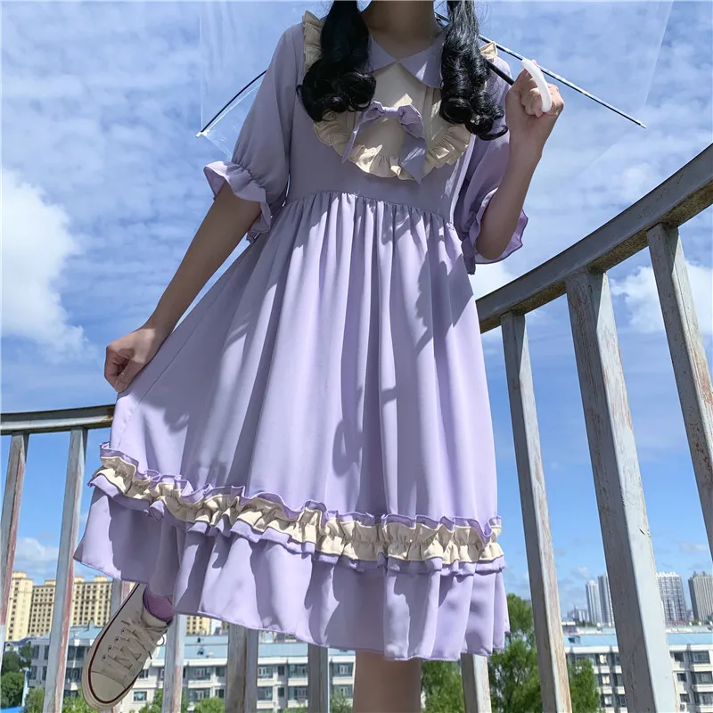 Japanese Lolita Style Sweet Soft Girl Dress Peter Pan Collar Cute Petal Sleeve Bandage Bow Splice Ruffles Kawaii Dresses Women