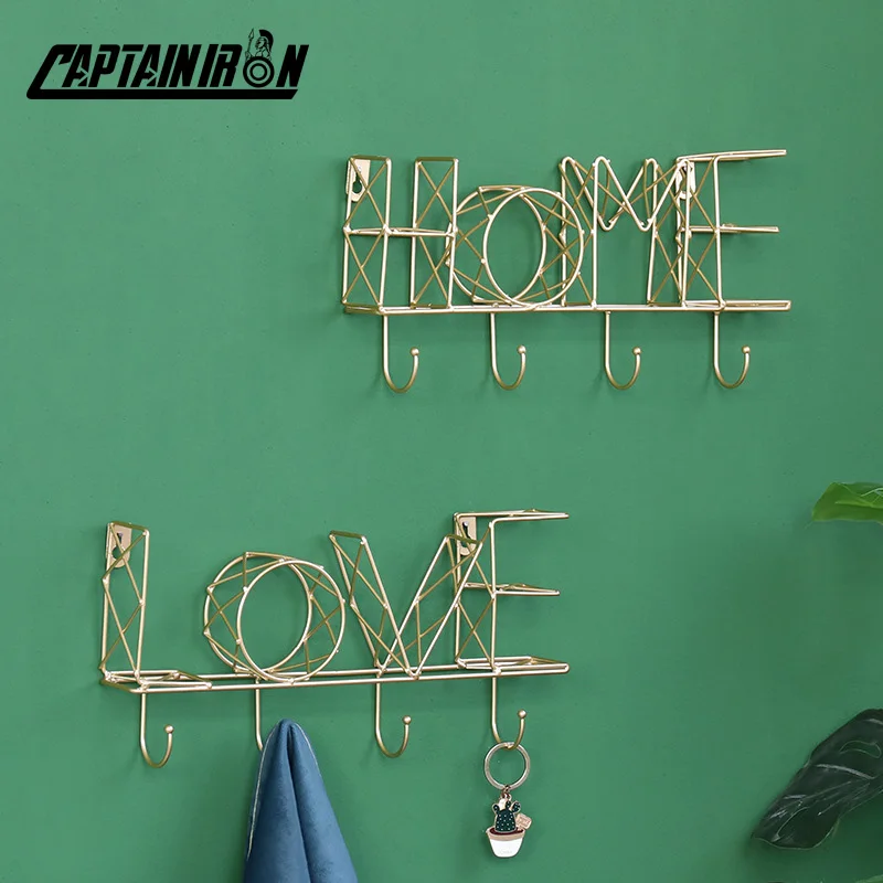 

CAPTAINIRON Iron HOME LOVE Letter Wall Hanging Hooks for Key Holder Wall Hanger Perchero Bathroom Accessories Housekeeper Decor