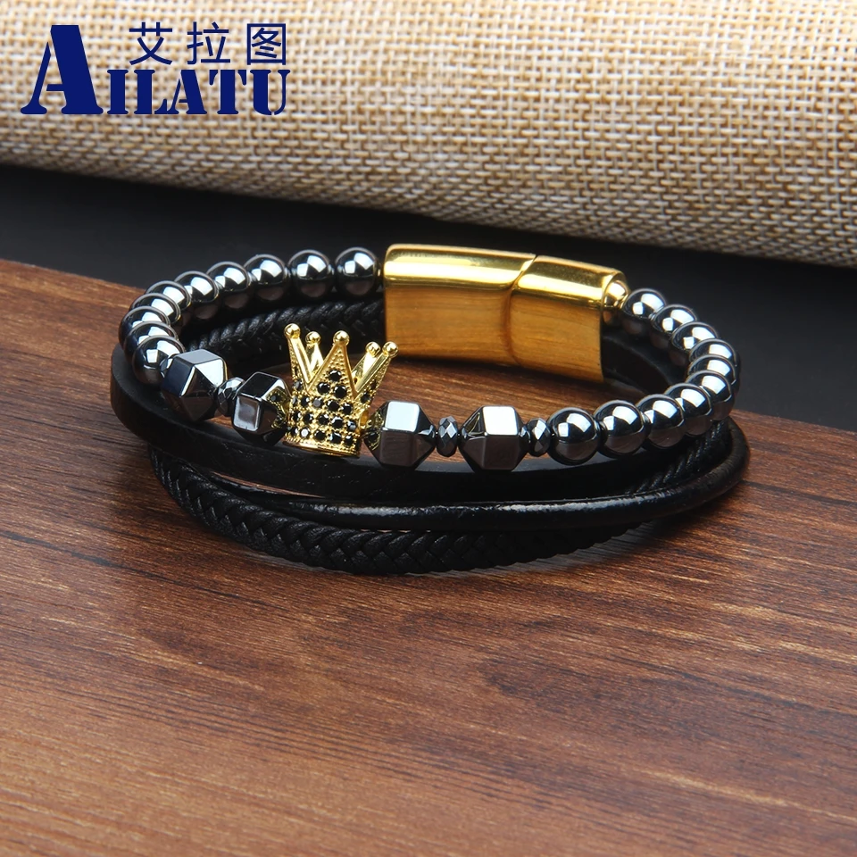 Ailatu New Crown Bracelet DIY Stone Stainless Steel Buckle Leather Combination Stitching Men's Gift | Украшения и аксессуары
