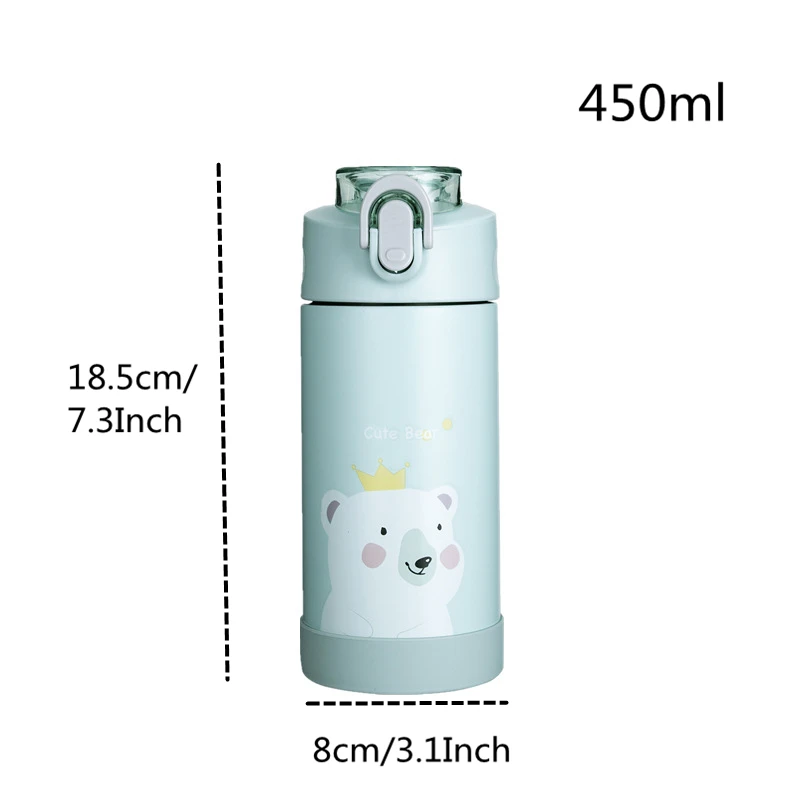 Green VILEAD 450 мл 316 крышка из нержавеющей стали вакуумная колба портативная соломенная термос чашка детская Милая мультяшная бутылка для воды для студентов - Цвет: Green