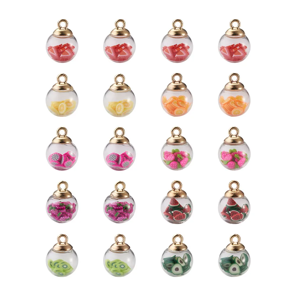 

54pcs Mini Glass Bottles Globe Round Ball Pendants with Resin Imitation Fruit Chips Beads Ball Charms for Jewelry DIY Earrings