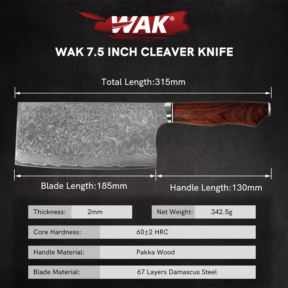 WAK Meat Cleaver kitchen Knife Non Slip Wood Handle Slicing Sharp Blade Vegetable Meat Fish Knives 4Cr14 Damascus Kitchen Knife