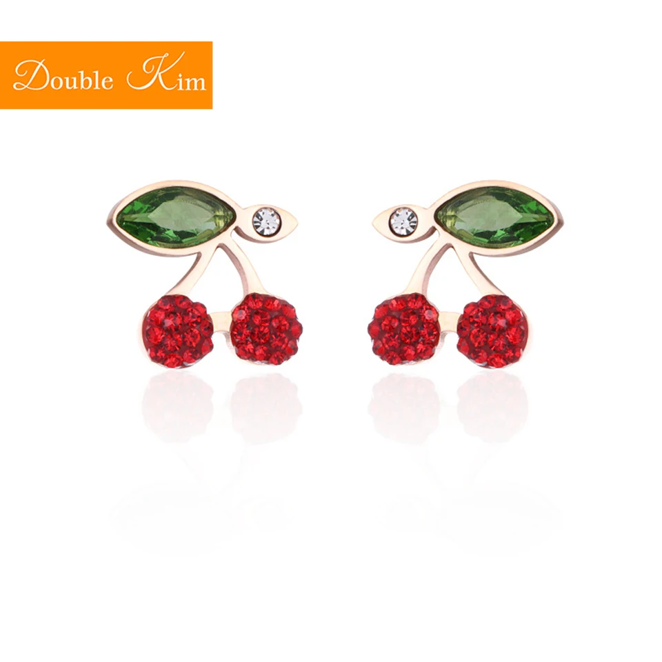 

Red Cherry Zircon Stud Earrings Titanium Stainless Steel Inlaid Zircon Earrings Rose Gold Color Fashion Trendy Women Jewelry