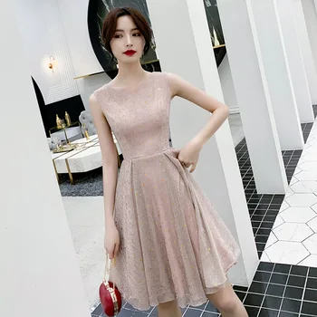

Prom Dresses Flesh Pink Sequined A Line Knee-Length Women Party Gowns Small V-Neck Sleeveless Formal Dress Tank Vestidos K242