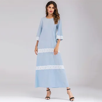 

Lace Women Abaya Dress Blue Muslim Dress Moroccan Kaftan Gown Full Length Arabic Arabia Clothing Gown Long Robe Gown