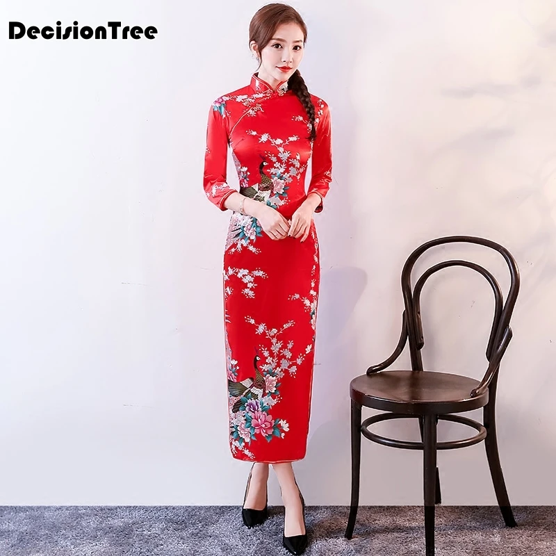 Черное Красное китайское традиционное платье женское шелковое атласное cheongsam винтажное Ципао с коротким рукавом длинное платье с цветами плюс