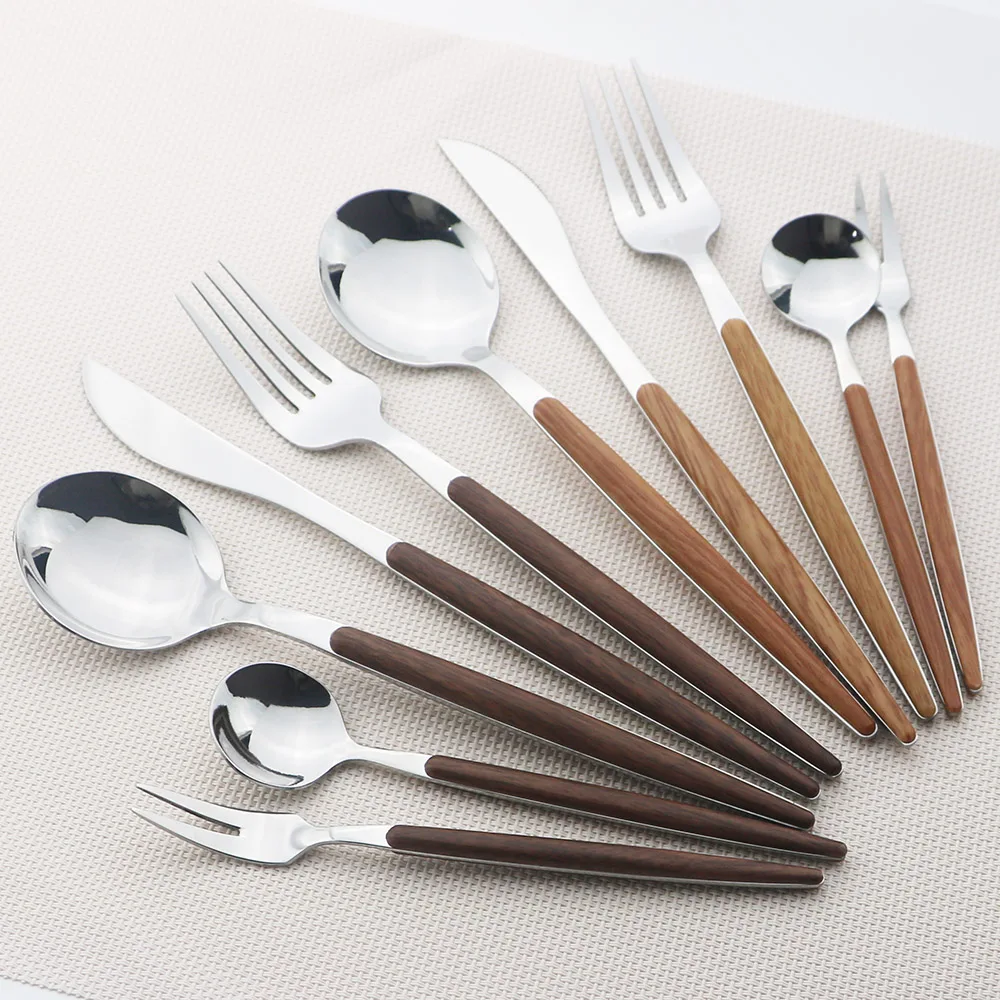 4Pcs/5Pcs Wooden Handle Cutlery Set Stainless Steel Knife Fork Dinnerware Set Coffee Tea Spoon Kitchen Silverware Tableware Set