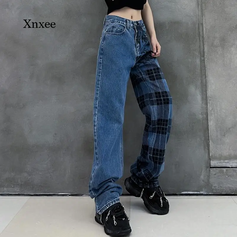 

Wide Leg Denim Trousers High Waist Blue Plaid Long Jeans Straight Pants New Loose Women Fashion Tide Spring Autumn 2021 Bottoms