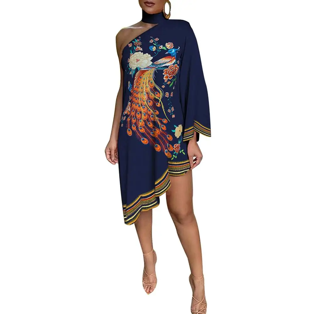 

Loose dress apparel Women Fashion Choker Peacock Print One Shoulder Irregular Ruffled Hem Dress