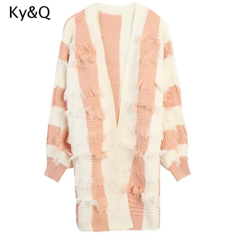 

2019 LUXURY NEW arrival hollow long sleeve tassel contrast color stripe long loose knit cardigan middle long coat
