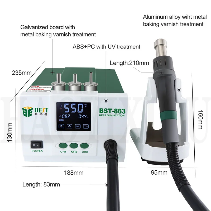 

BST-863 1200W Big Power Heat Gun Lead-FreeSmart Touch Screen Control Constant Temperature LCD Display Desoldering Station