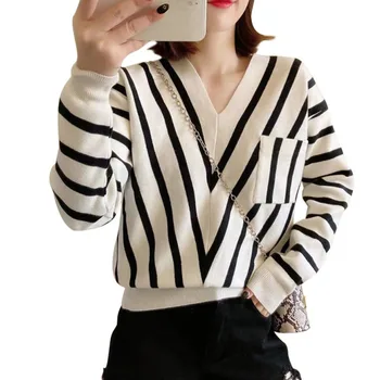 

Women's Sweater Autumn Winter Fashion Stripes Print Loose Long Sleeved V Collar Sweaters Tops Slim Casual Sweater W4