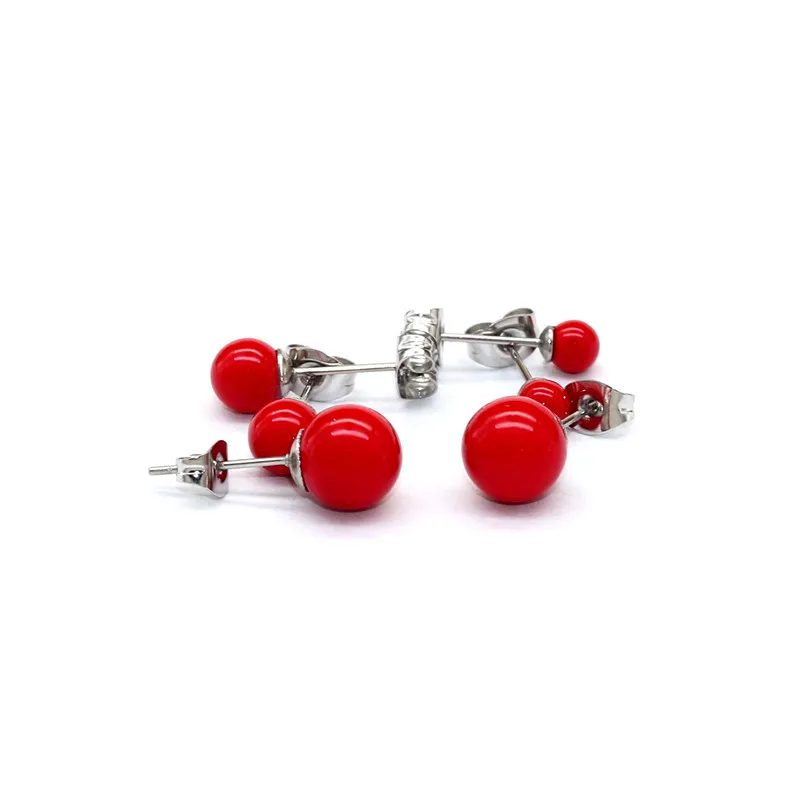 Kurze Ohrstecker aus Edelstahl, rote Natur-Muschelperlen, Perlen, 4 mm, 6 mm, 8 mm, kein Verblassen, allergiefrei – Detail 4