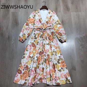 

ZIWWSHAOYU Summer Women V-Neck Floral Print Bohemian Vacation Dress Fashion Designer Ladies Bow Belt Ruched Elegant Midi Dresses