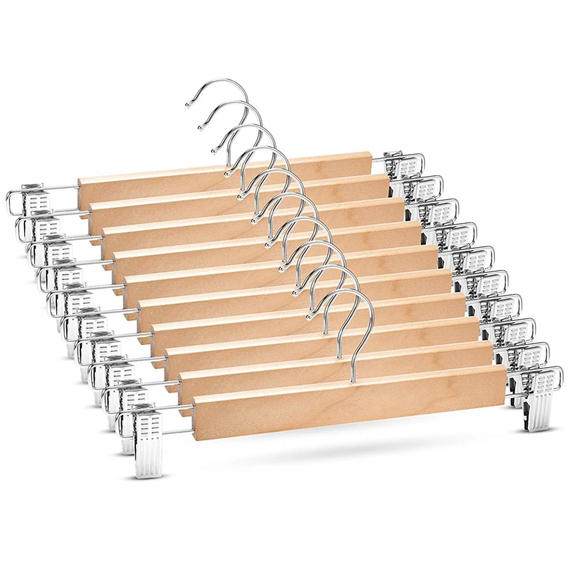 

Wooden Skirt Hangers with Adjustable Clips (Pack of 10) Non-Slip Trouser Hanger Natural Finish Lotus Wood Pants hangers, 360 Deg