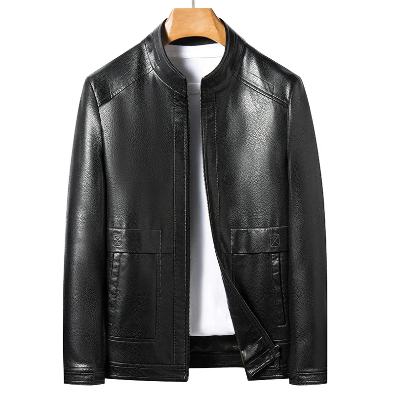 

99671 New Fashion Clothing Plus Size Middle-aged Short Lapel Thin Sheepskin Dad Leather Jacket Men's Coat