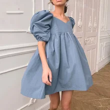 Square Neck Sexy Summer Mini Dress Short Sleeve Female High Waist Black Loose A Line Women Dress Puff Sleeve Blue Cotton