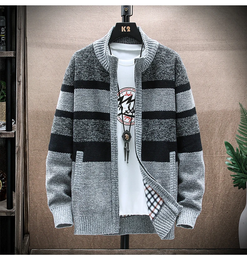 mens cream sweater New winter patchwork striped sweater men spring autumn fleece thick warm zip cardigan sweater coat jacket mens turtleneck