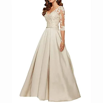 

BGＷ 2020 Cheap Good Satin Evening Dresses Sexy V Neck Three Quarter Sleeves A Line Vestido De Noite Mulher Backless