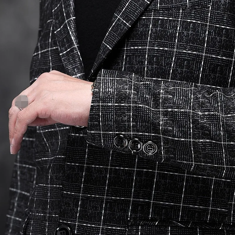 Новинка, мужское короткое пальто из натуральной кожи, Осенний роскошный Повседневный деловой пиджак большого размера с длинным рукавом, приталенный пиджак в клетку, верхняя одежда