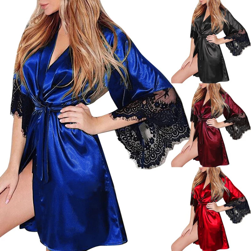 

MJARTORIA 2020 Large Night Wear Robe Women Casual Transparent Kimono Intimate Sleepwear Coat Fashion Lace Patchwork Robe 3XL